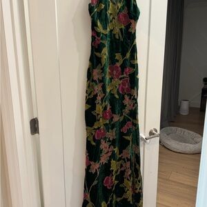 Lulu's Green Velvet Dress with Floral Accents